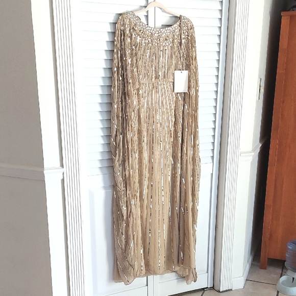 Mac Duggal Gown Sz 18, Cape, Lined, Champagne, Intricate Beading, Sequins NEW!! - Picture 5 of 13